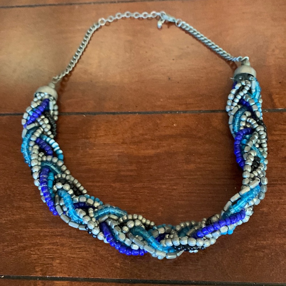 Blue silver black beaded braided necklace